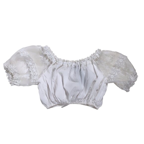 Womens White Cotton Cottagecore Boho Puff Sleeve Cropped Lace Blouse / Medium - Picture 6 of 8